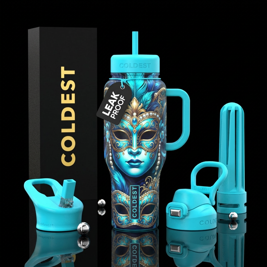 venetian masquerade, cyan, realism, electric water bottle design