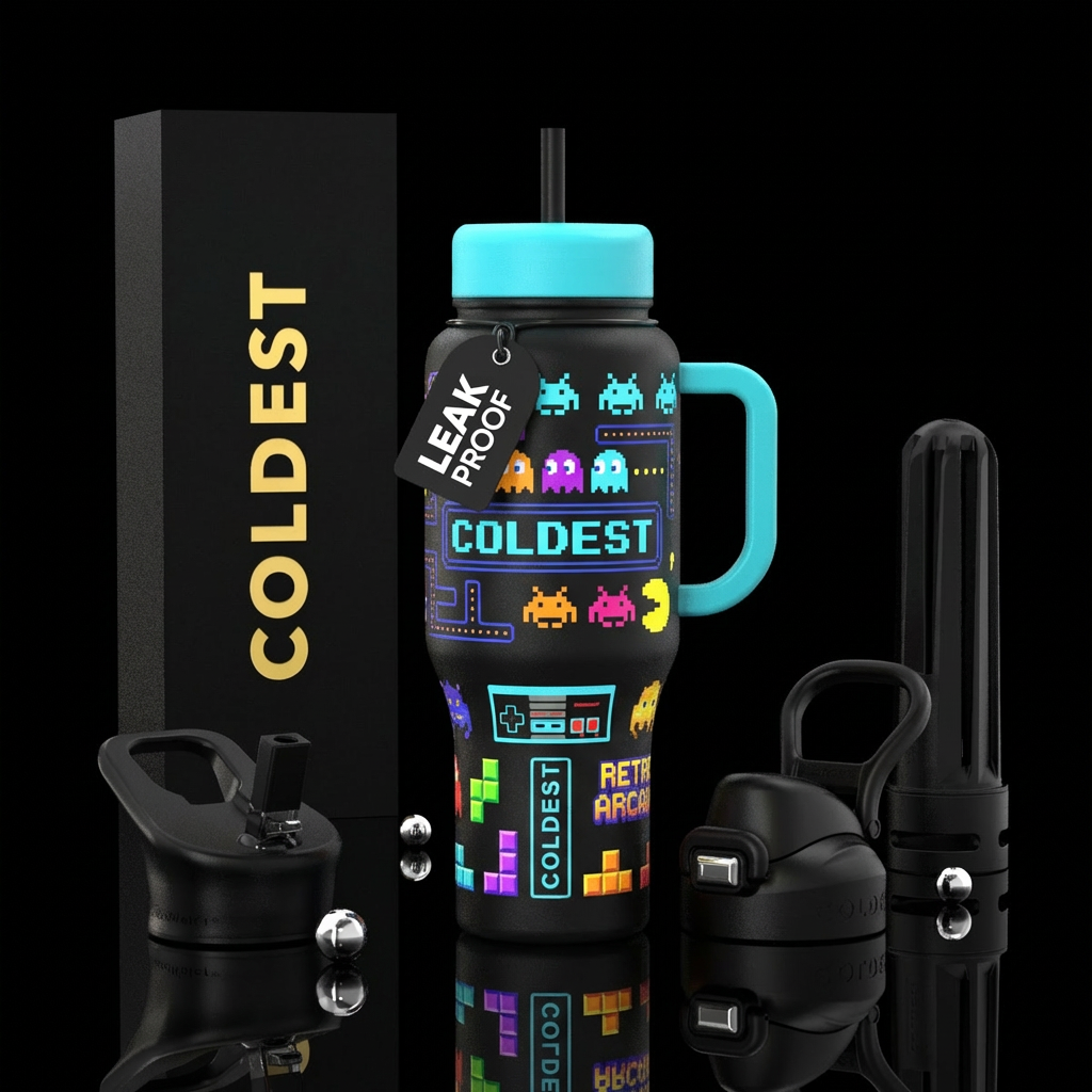 retro gaming water bottle design