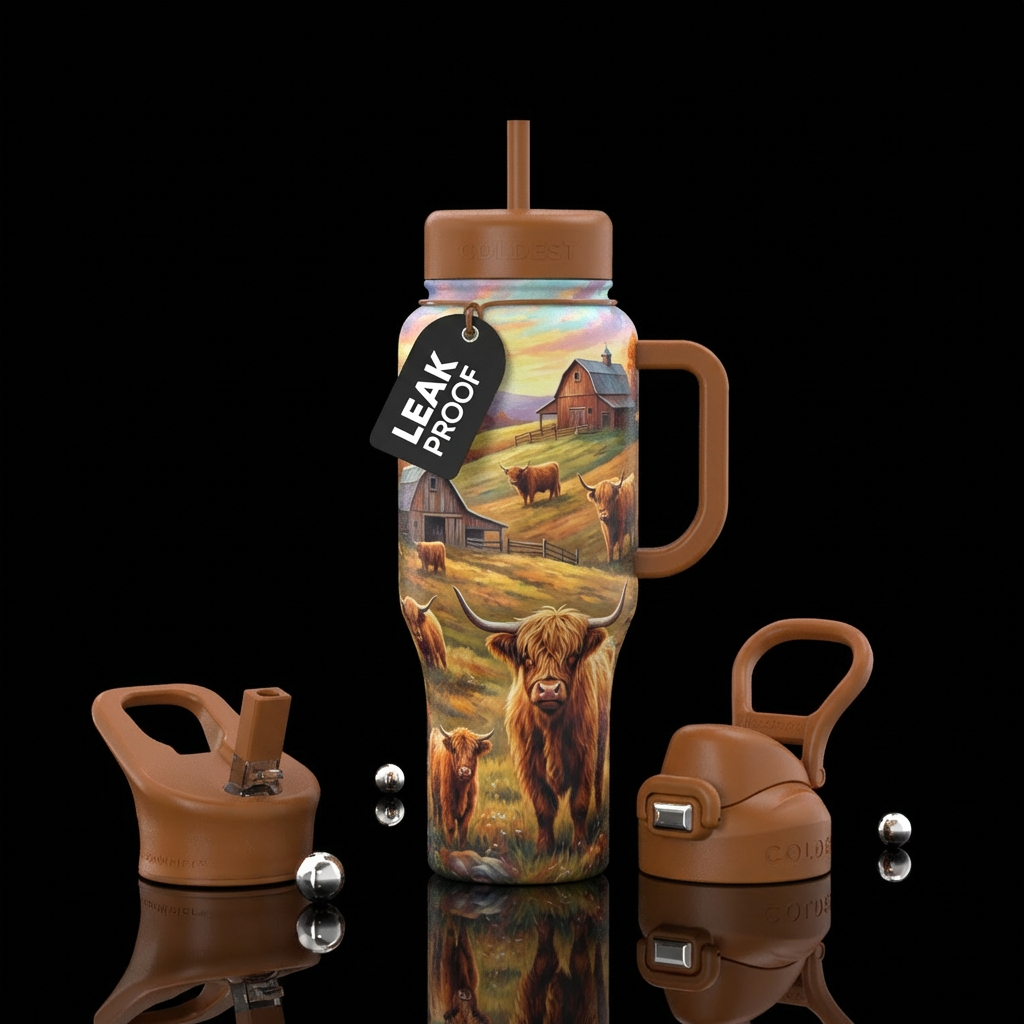 Highland cows on a farm water bottle design