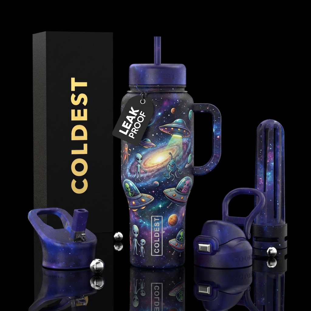 Aliens and UFOs flying through the cosmos water bottle design