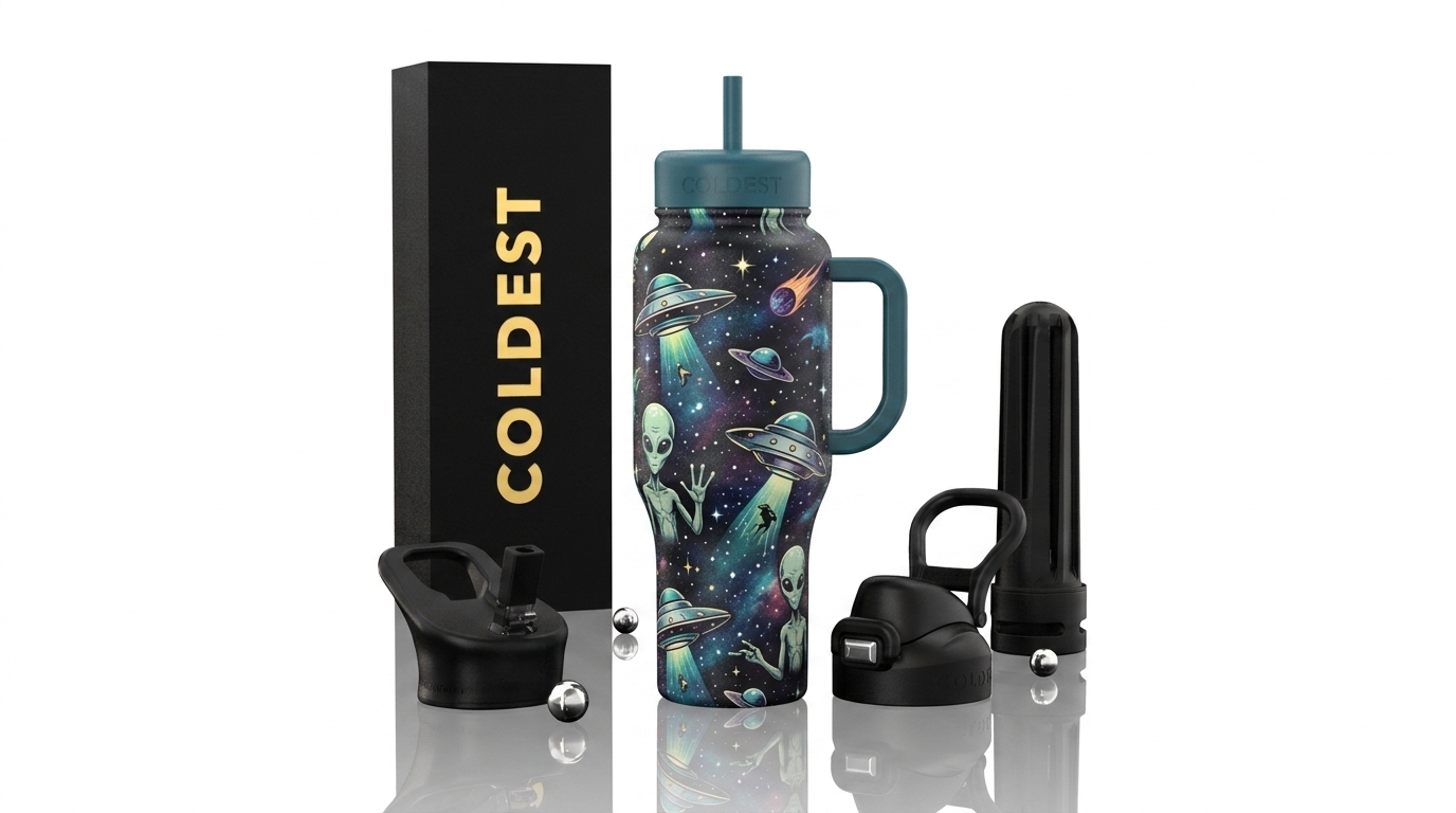 Aliens and UFOs flying through the cosmos water bottle design