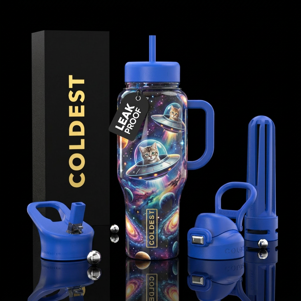 Kittens flying UFOs through the universe water bottle design