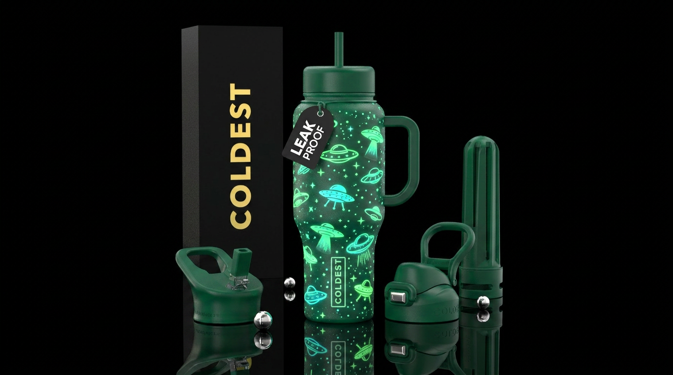 Glow in the dark UFOs water bottle design