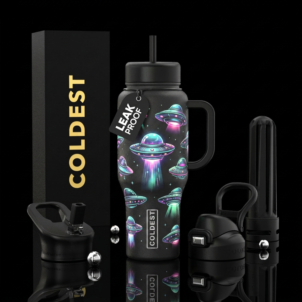 Glow in the dark UFOs water bottle design