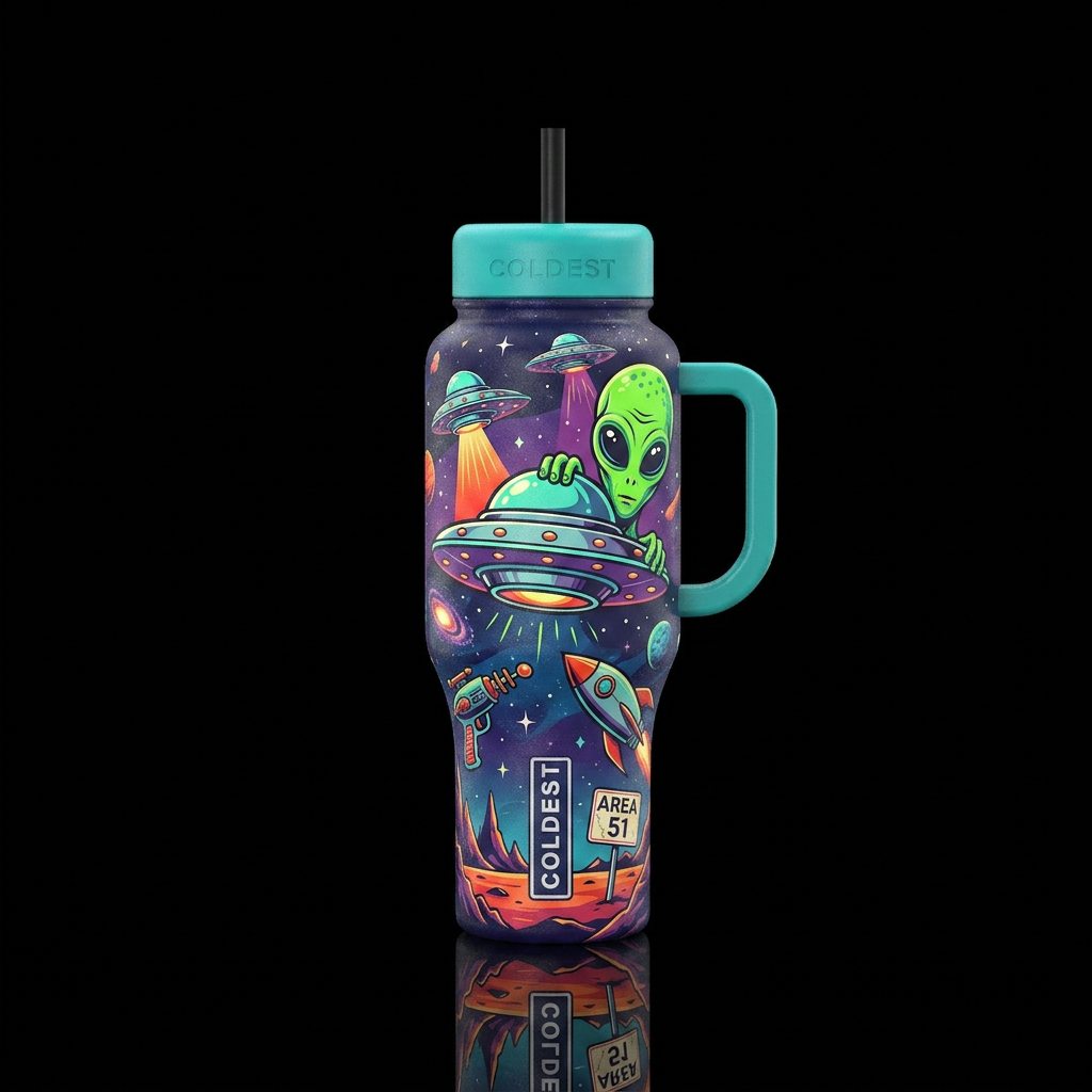 1950s graphic sci-fi UFO water bottle design