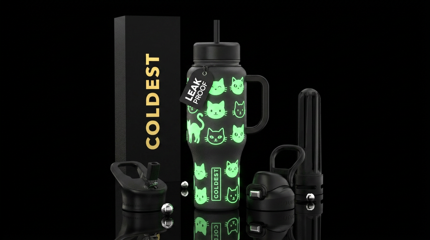 Glow in the dark kitty cats water bottle design