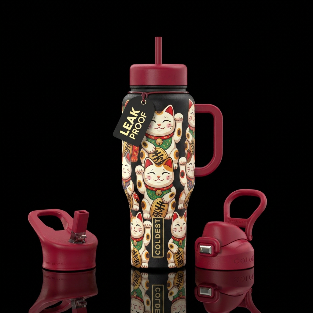 Chinese fortune kitties water bottle design