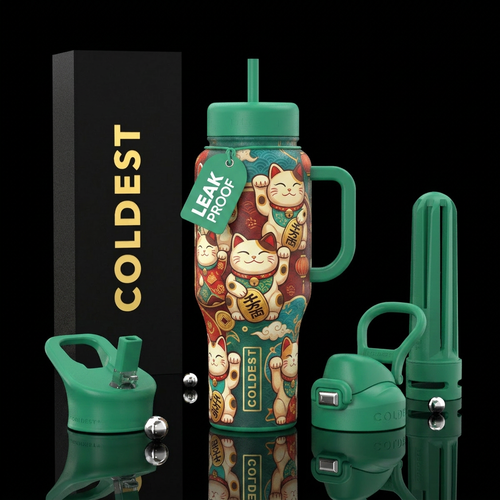 Chinese fortune kitties water bottle design