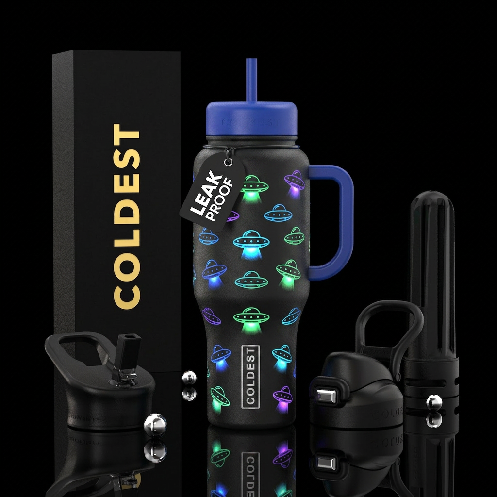 Glowy UFOs water bottle design