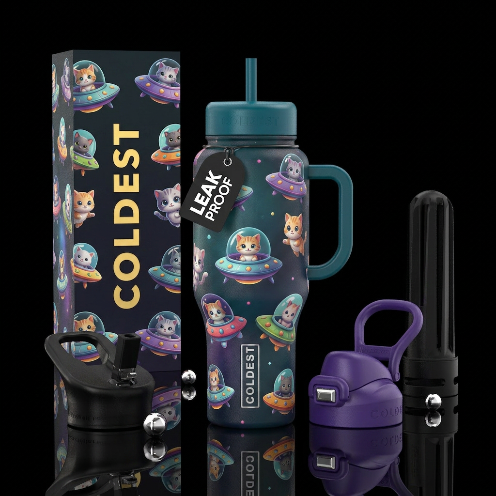 UFOs and kittens water bottle design