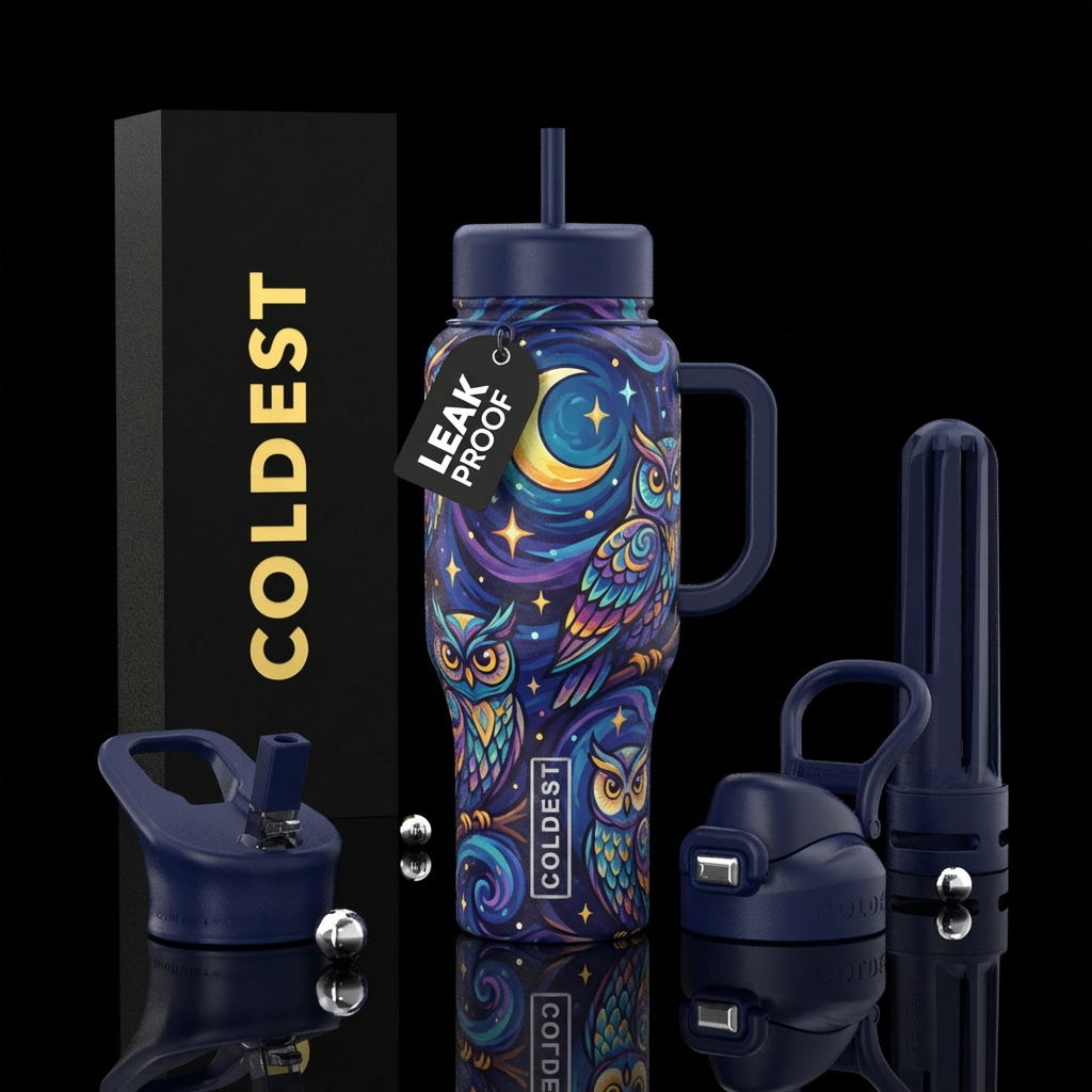 owls and the night sky with the moon and stars water bottle design
