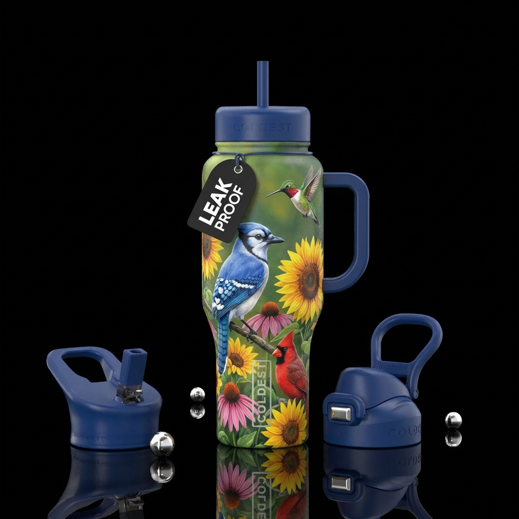 Blue Jay, cardinal and hummingbird with sunflowers... water bottle design