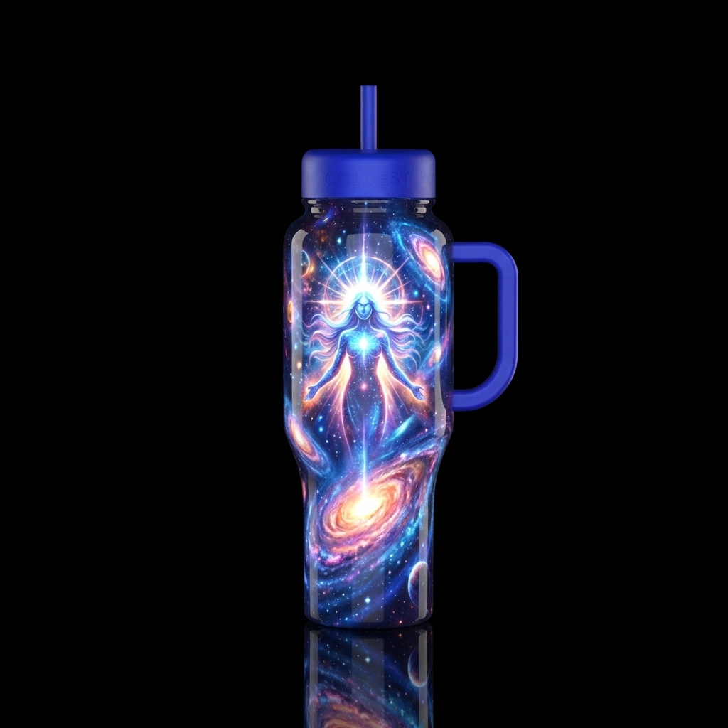 Glowie cosmic being surrounded by galaxies water bottle design