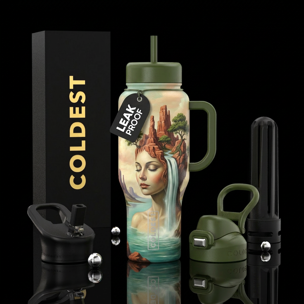 A surreal, dreamlike illustration of a feminine fi... water bottle design