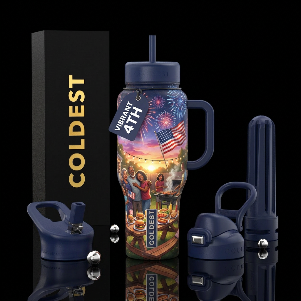 Create a vibrant, heartwarming July 4th scene that... water bottle design