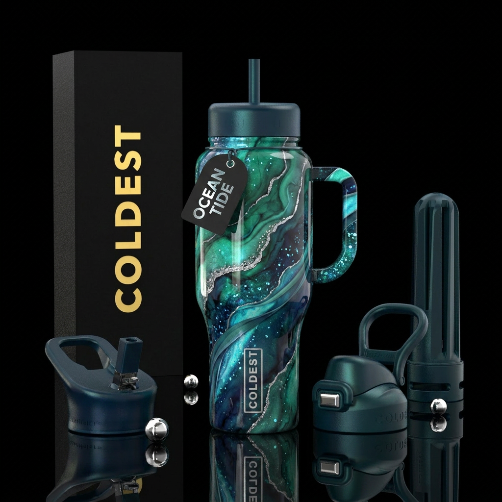 Picture a tumbler that looks like the ocean and a ... water bottle design