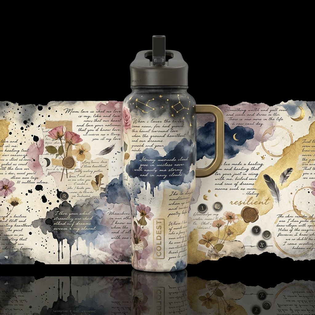 A 20oz skinny tumbler designed like a wandering po... water bottle design