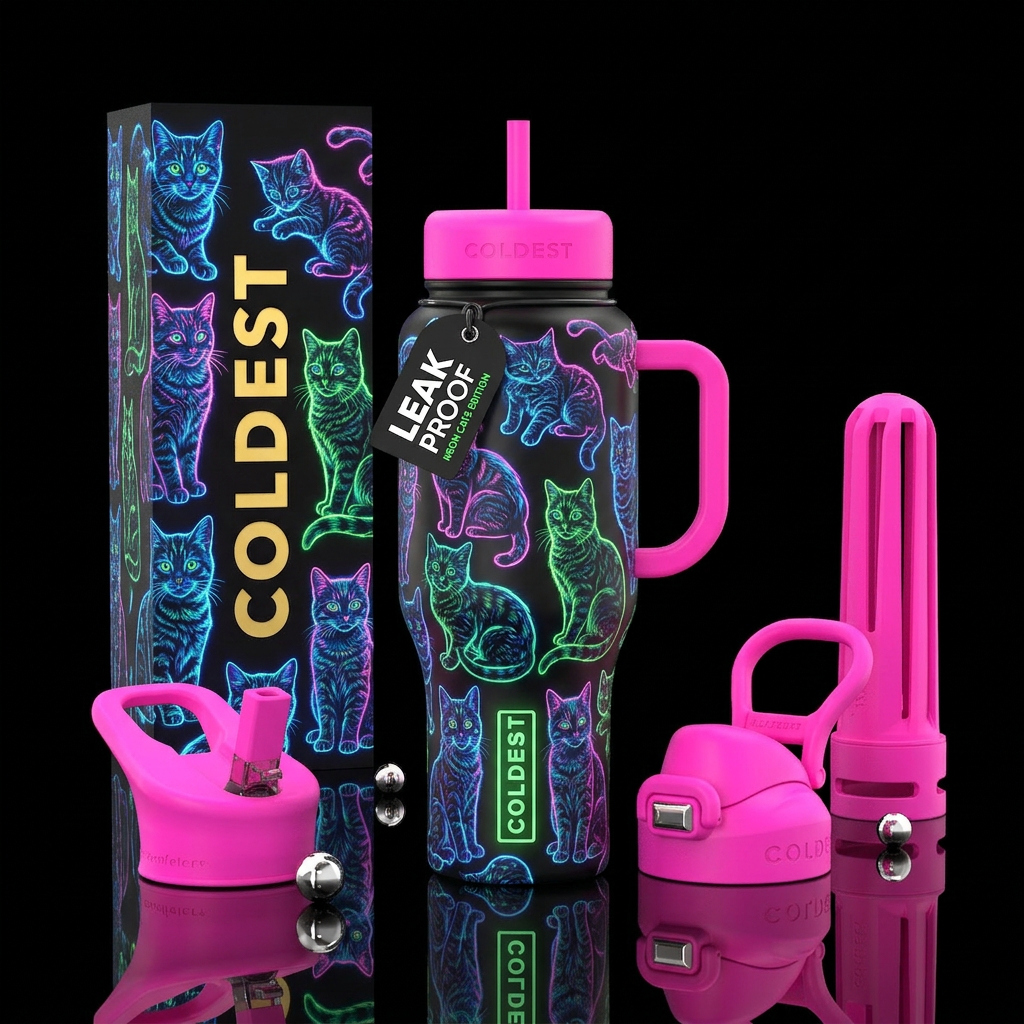 Neon colored cats that glow in the dark water bottle design