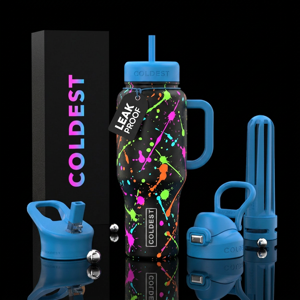 Neon splat paint water bottle design