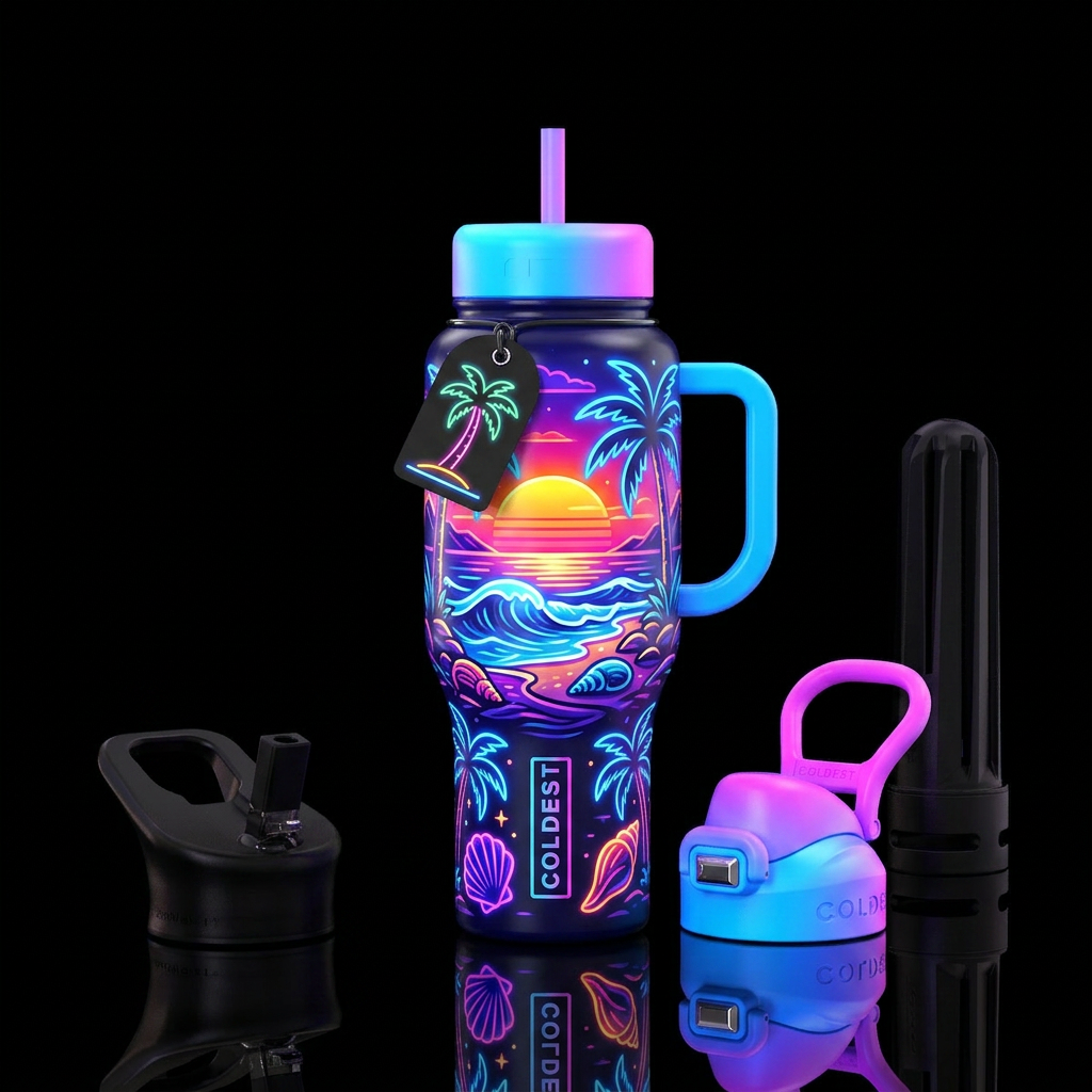Neon beach water bottle design