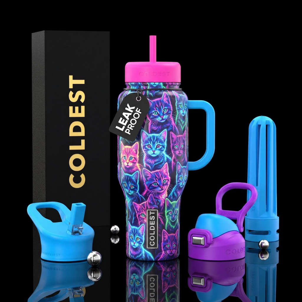 Neon kittens water bottle design