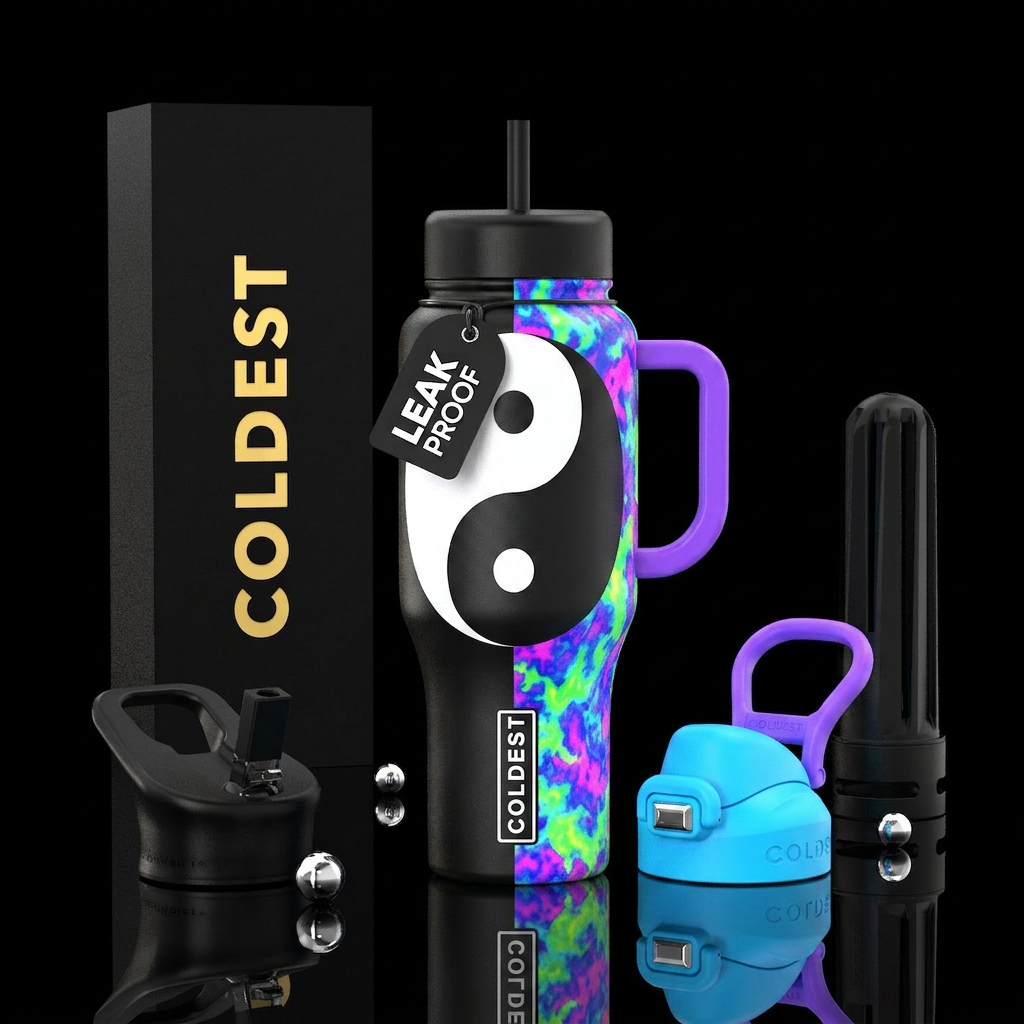 Ying yang bottle with half black and white and oth... water bottle design