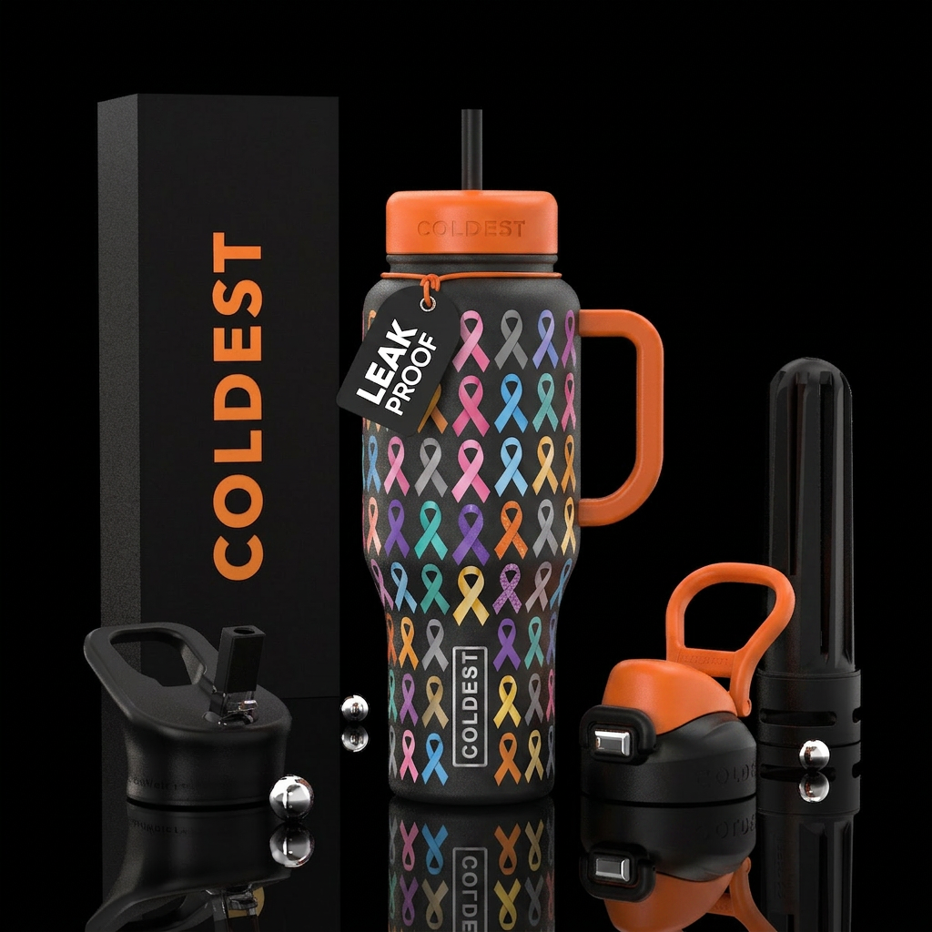 Black matte bottle with all illness ribbons on bot... water bottle design