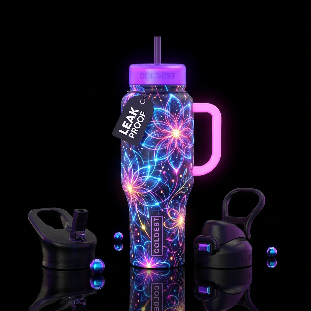 Neon  flowers in a field water bottle design