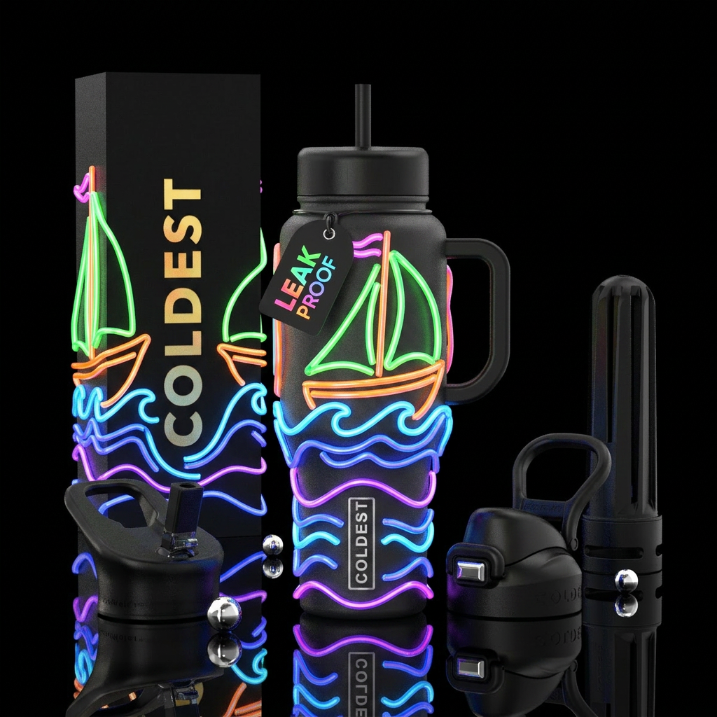 Neon sailboat on waves water bottle design