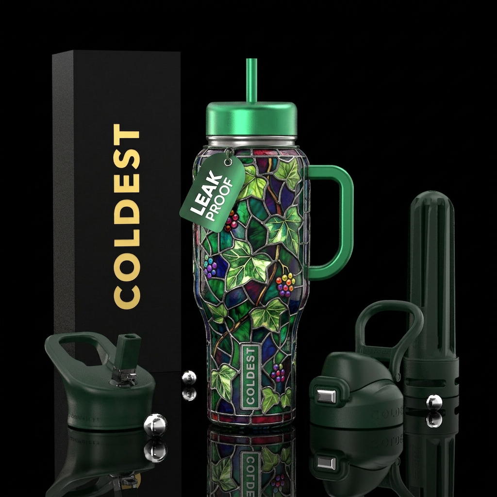 Stained glass with ivy water bottle design