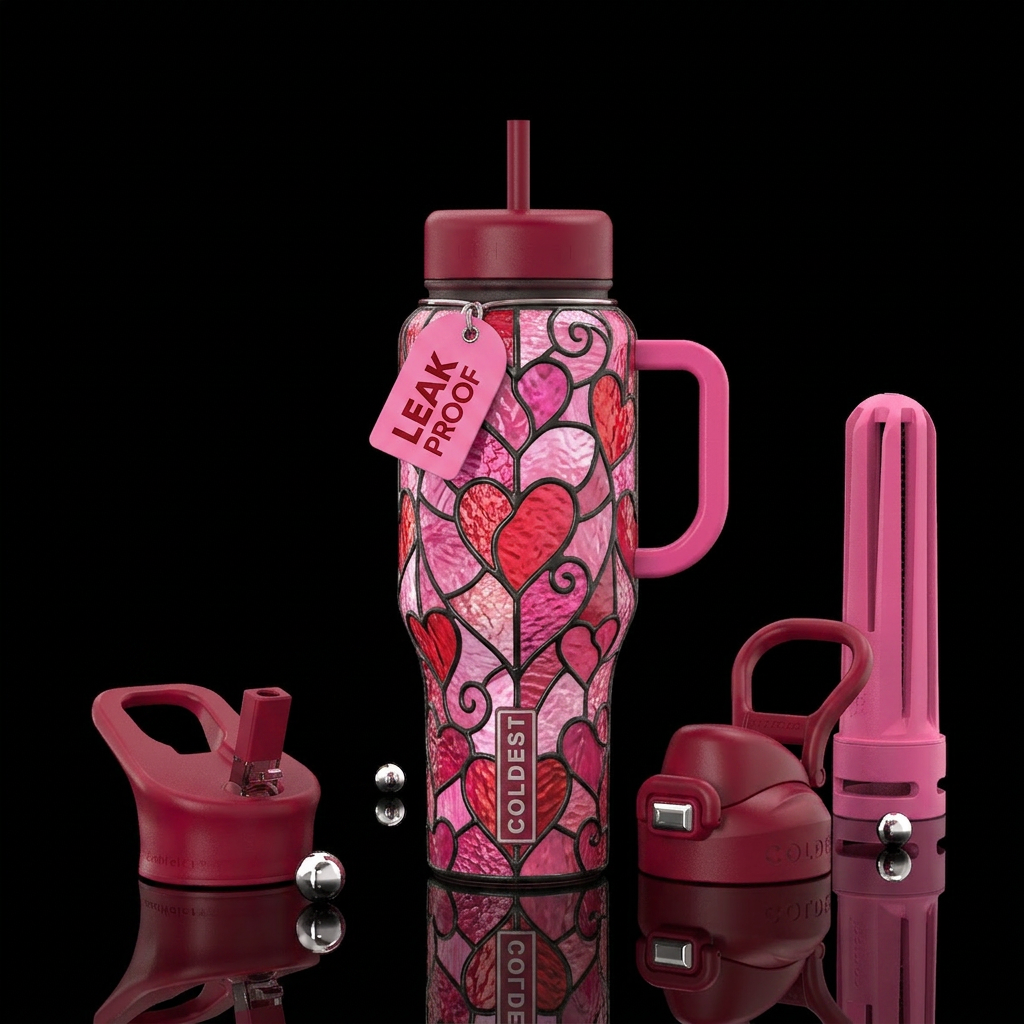 Stained glass with hearts of pinks and reds water bottle design