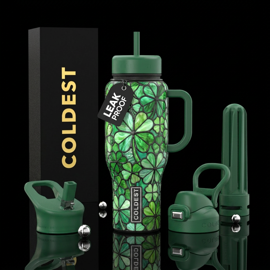 Stained glass of 4 leaf clovers water bottle design