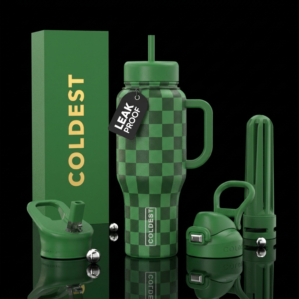 Green dark and light checkers medium sized water bottle design