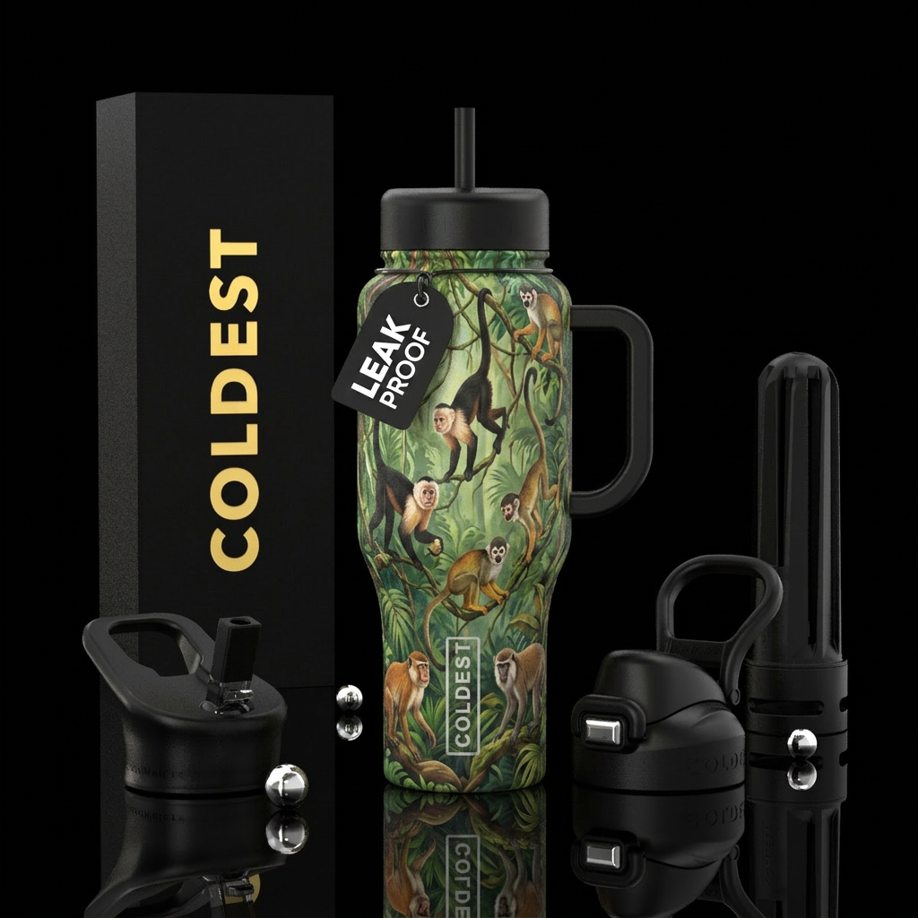 Monkeys hanging from trees in the jungle water bottle design