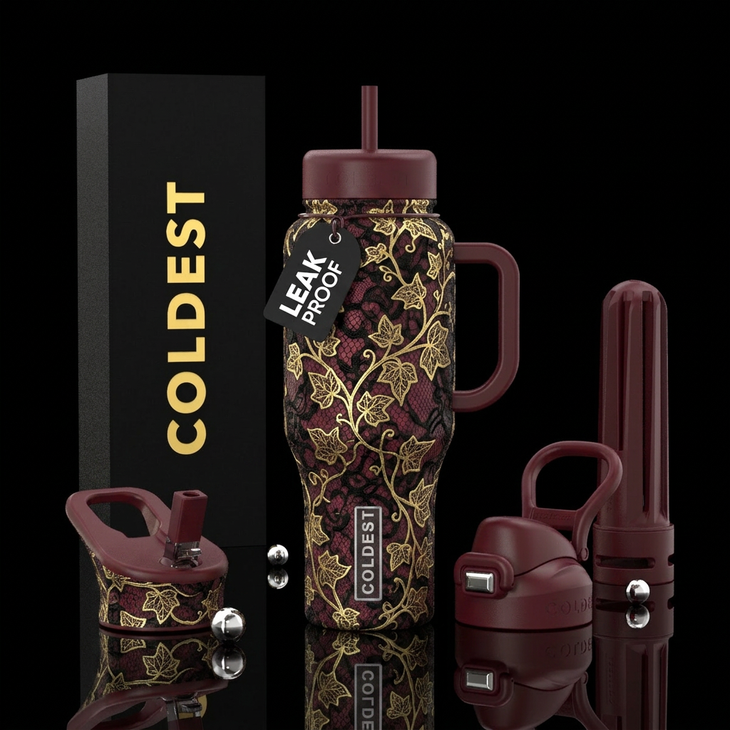 Gold ivy on a black and maroon lacy background water bottle design