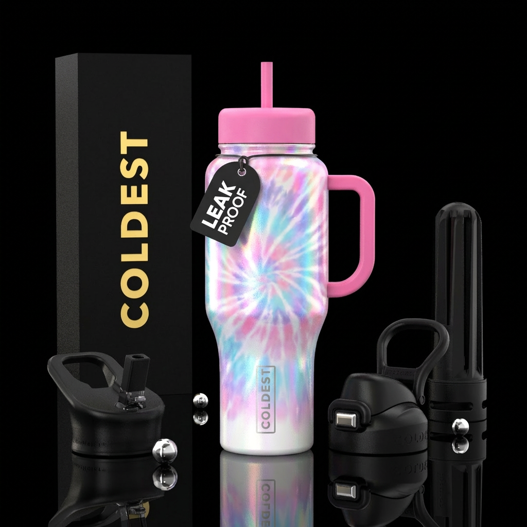 A white base with cotton candy tie dye, irridescen... water bottle design