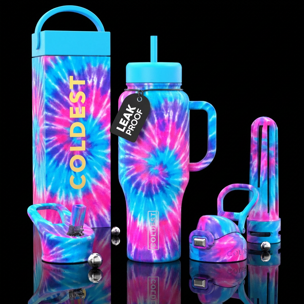 Vibrant cotton candy tie dye, no yellow, with matc... water bottle design