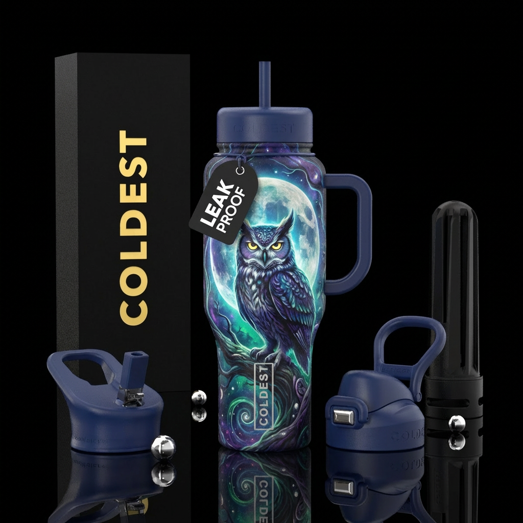 A great horned owl staring in front of the full mo... water bottle design