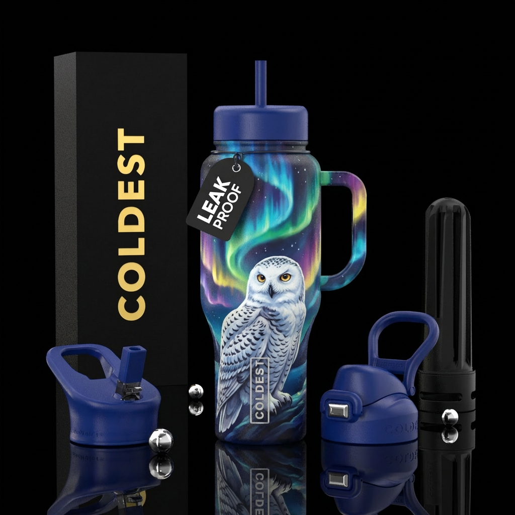 Snowy owl  under the Aurora. Matching lids water bottle design