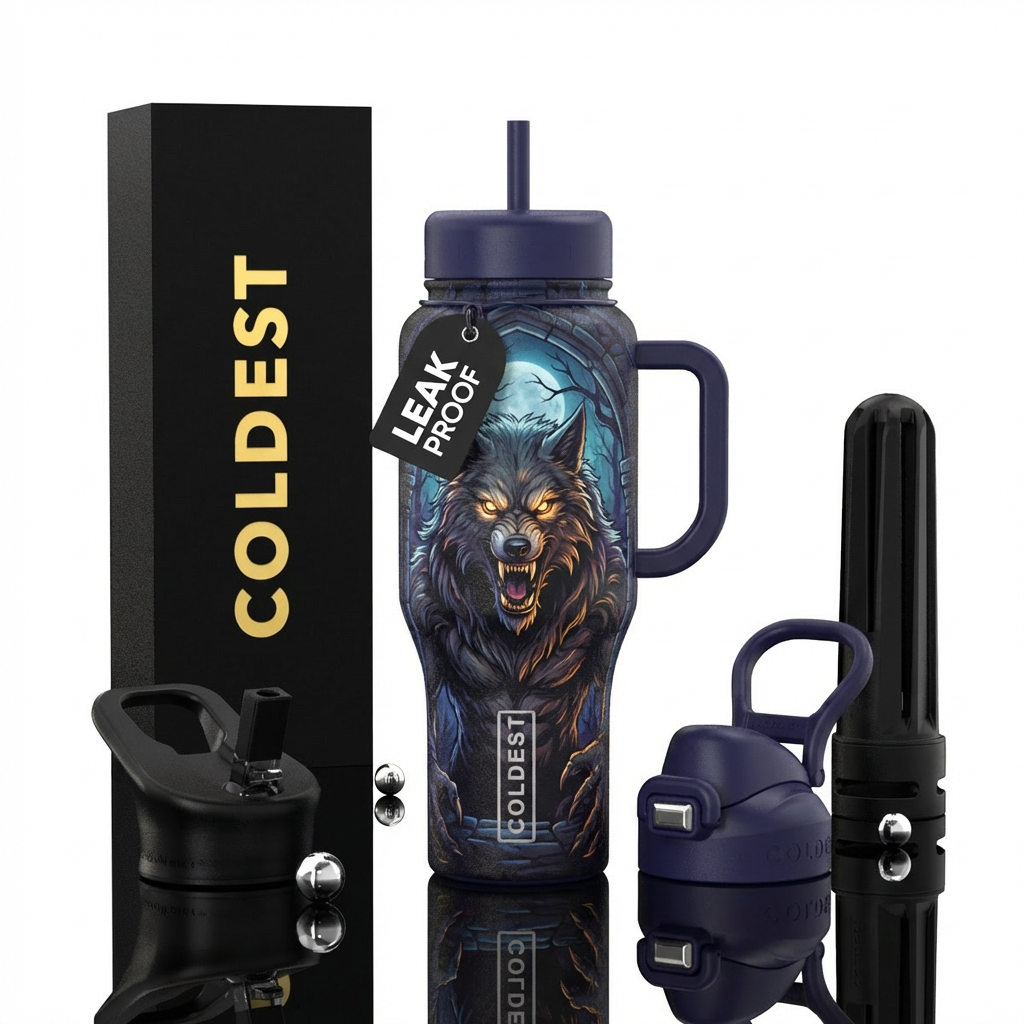 Werewolf with glowing golden eyes, gothic, dark water bottle design