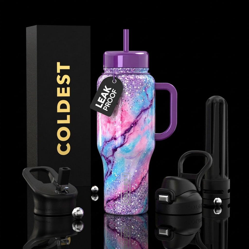Vibrant Cotton candy tie dye marble with purple ve... water bottle design