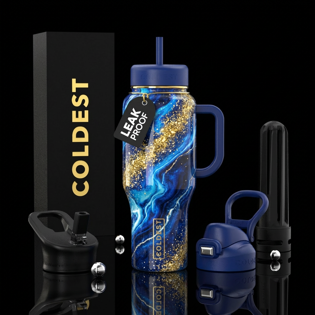 Blue fire marble, gold glitter water bottle design