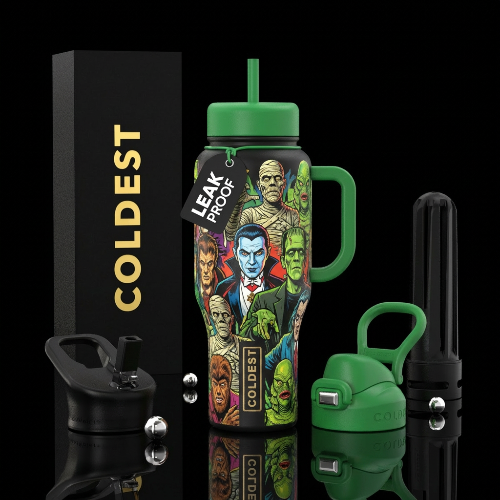 Classic monster movie characters water bottle design