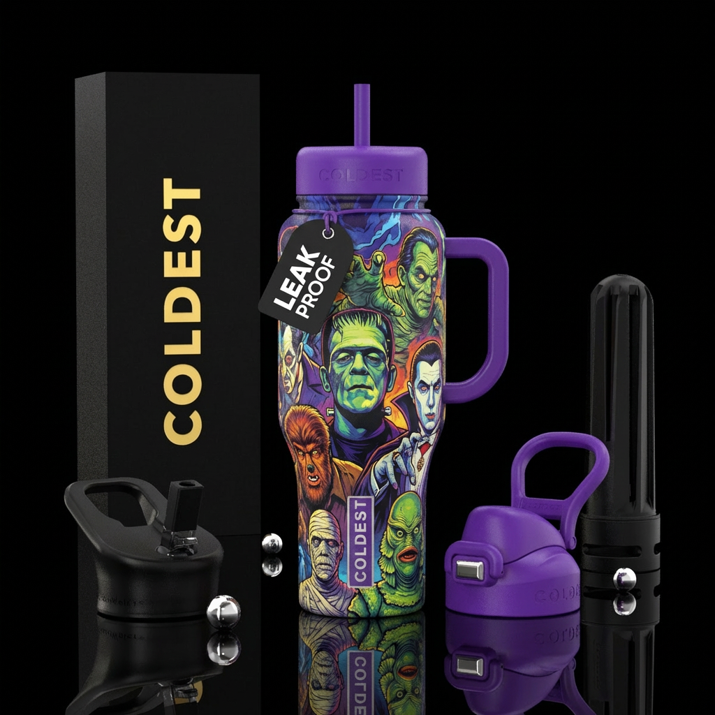 Classic monster movie characters water bottle design
