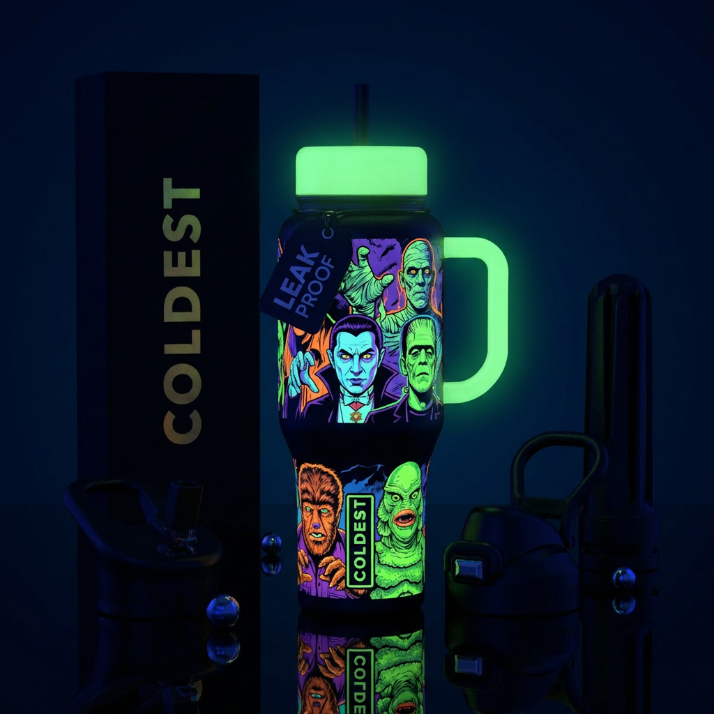 Classic monster movie characters, glow in the datk water bottle design