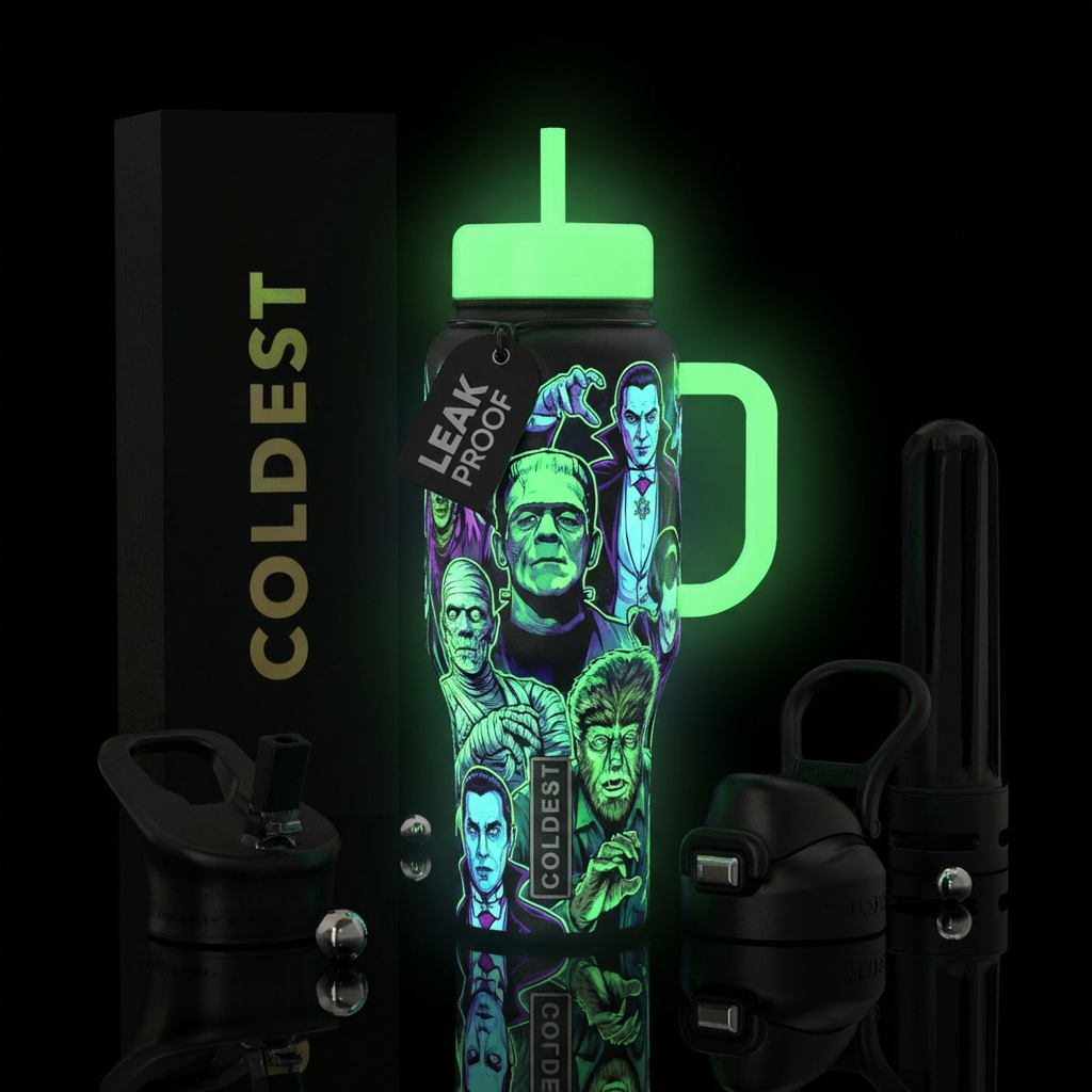 Classic monster movie characters, glow in the datk water bottle design