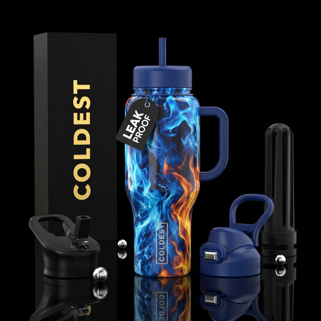 Blue fire marble water bottle design