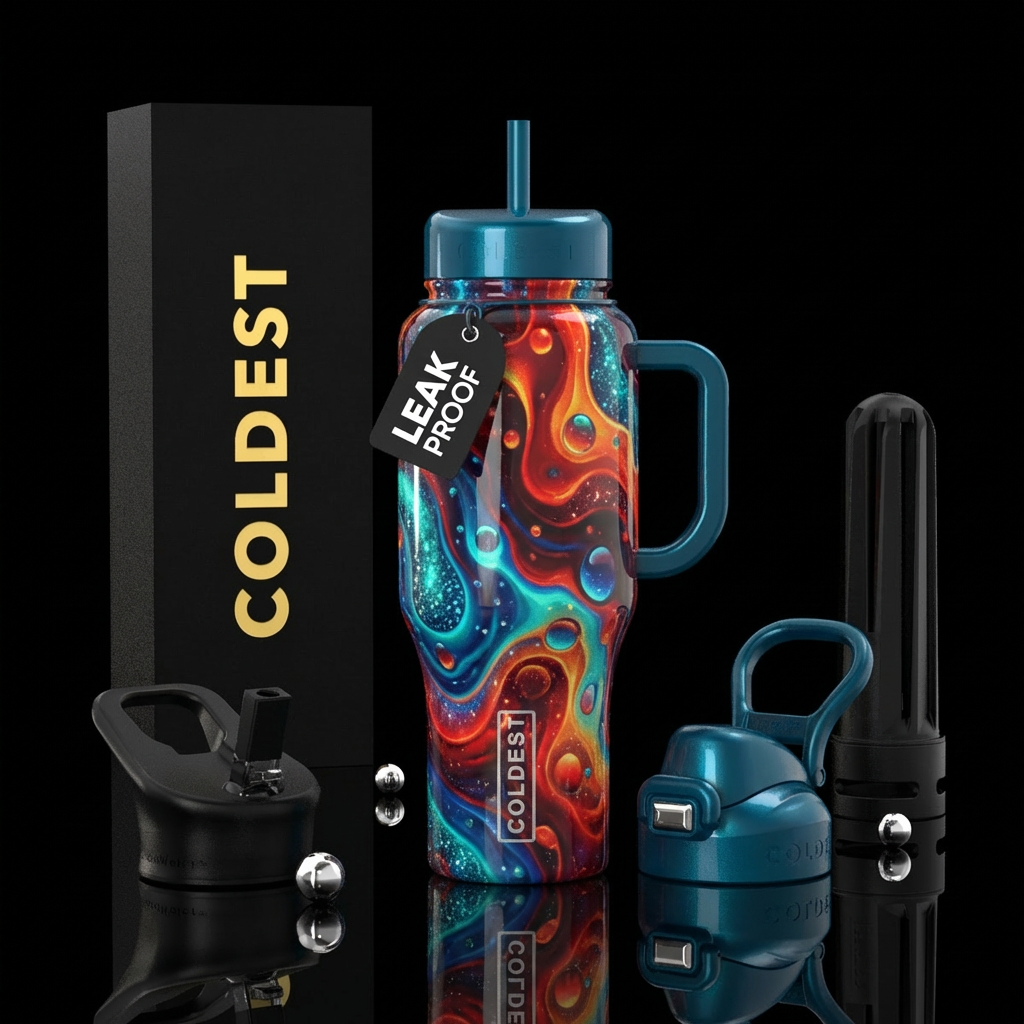 Groovy psychedelic lava lamp, reds, oranges, blues... water bottle design
