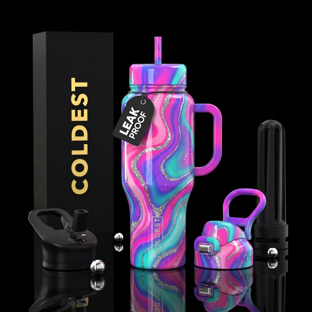Groovy vibrant psychedelic lava lamp vibes, pink, ... water bottle design