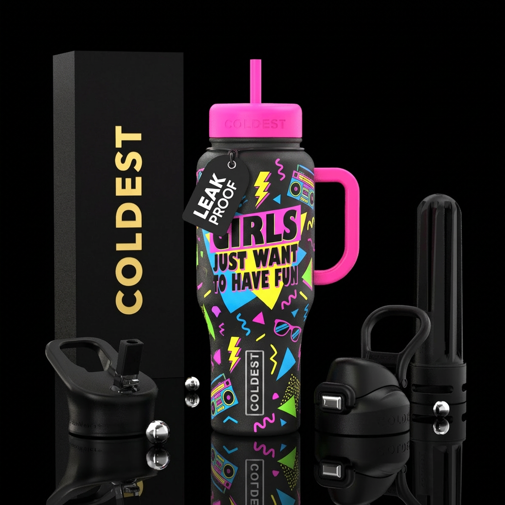 80’s vibing girls just want to have fun water bottle design